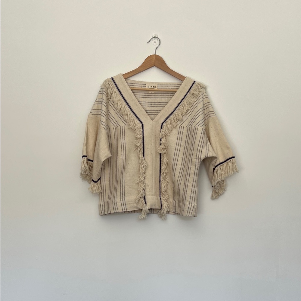 mirth handmade fringed caftan top, women’s size medium